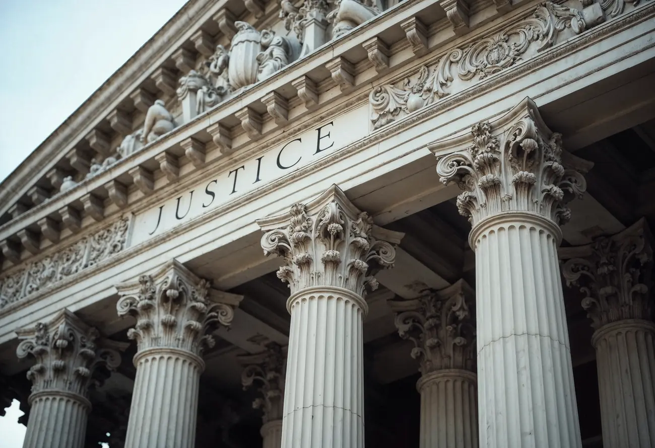 Classical courthouse facade engraved with the word Justice