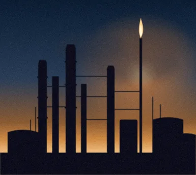 Refinery towers and a flare stack at dusk